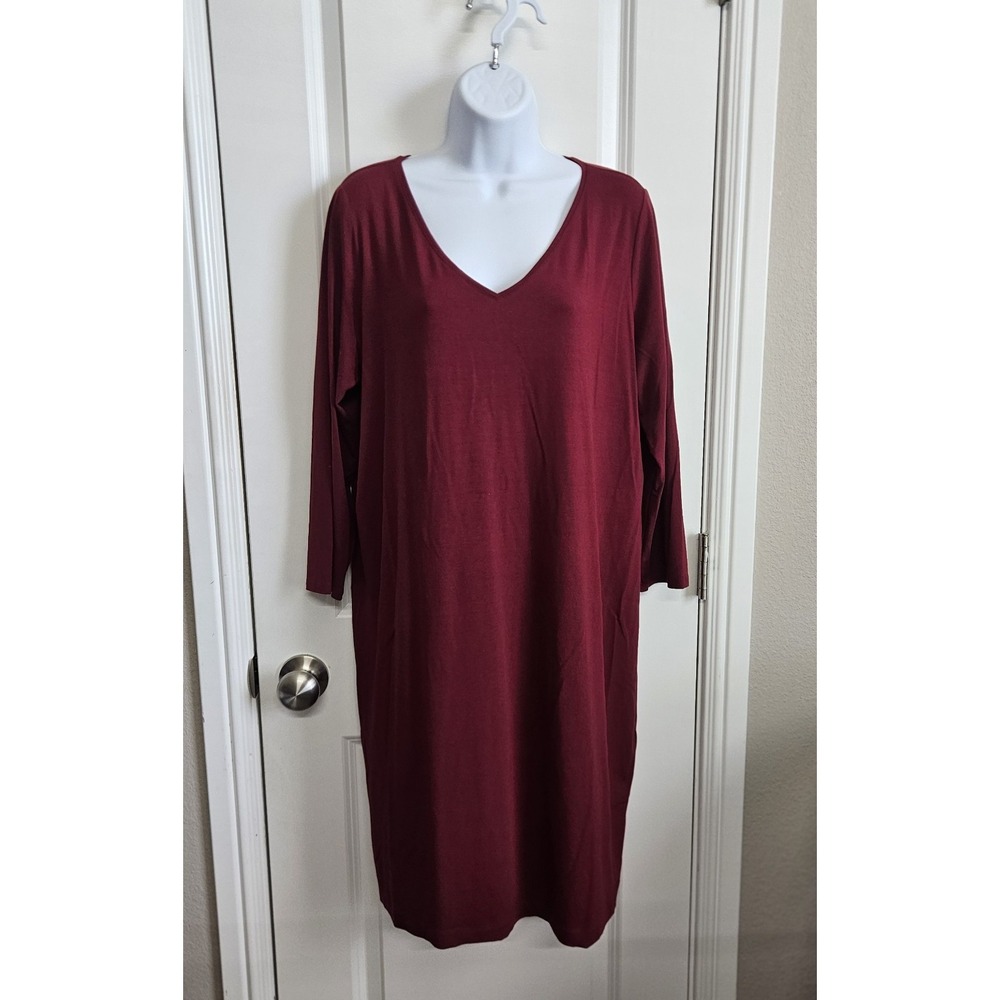 Eileen Fisher Long Sleeve V-Neck Midi Dress in Burgundy NWT